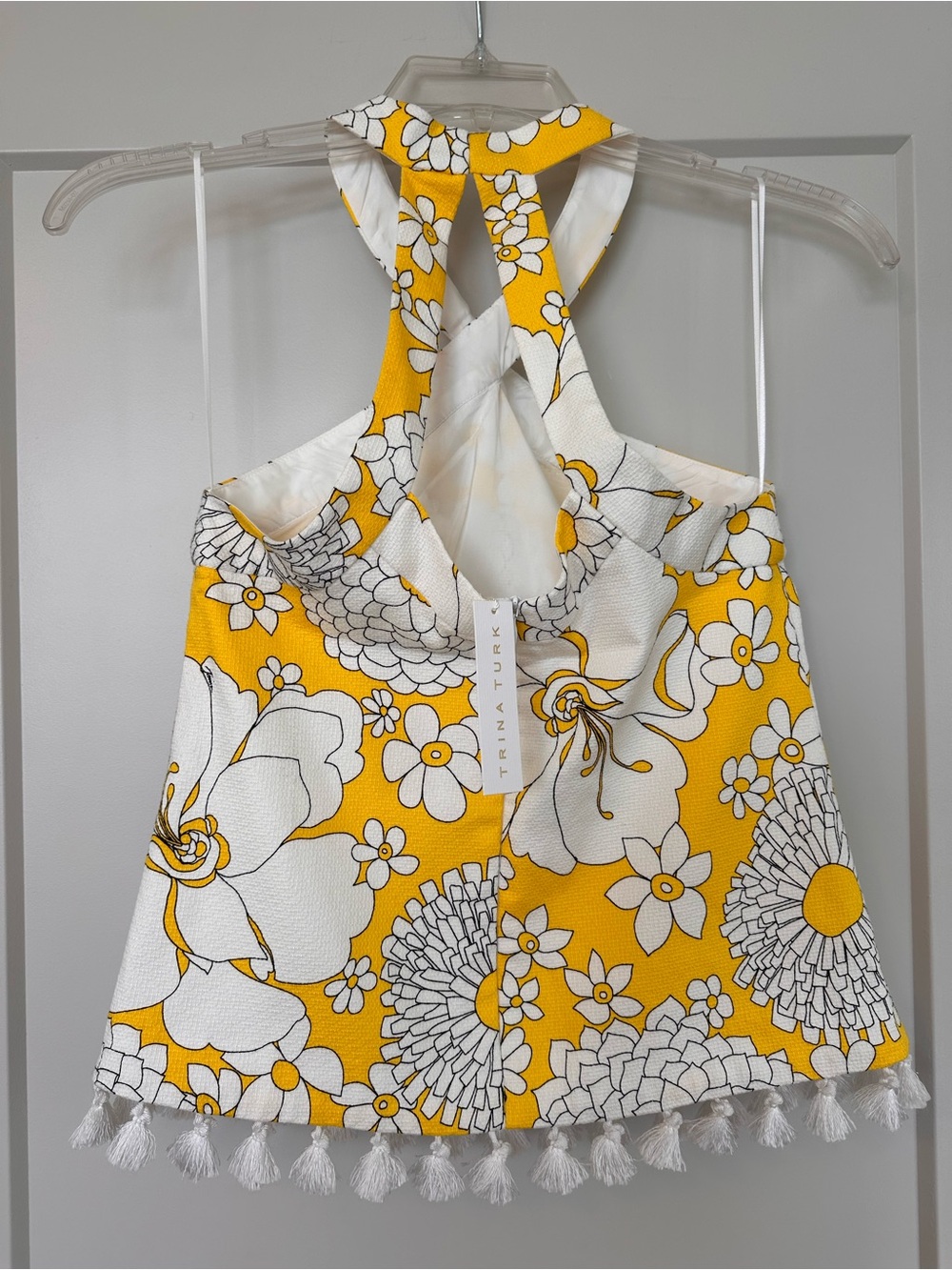 Trina Turk Yellow Floral Halter Tank Top with Tassel Hem - Picture 3 of 6